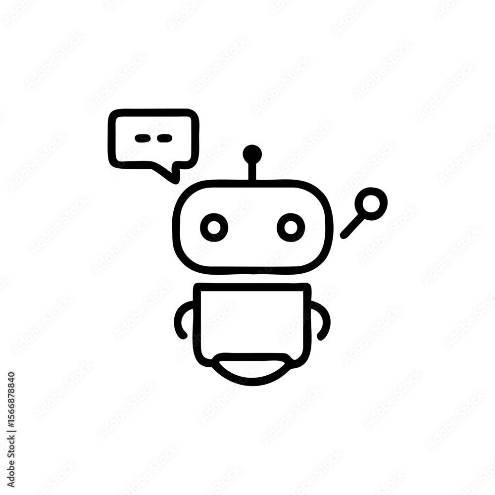 Poster handdrawn robot with speech bubble magnifying glass on chatbot artificial