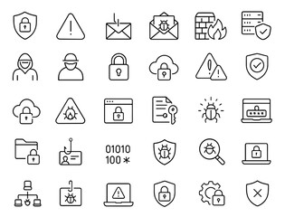 Cybersecurity Icon Set Vector | malware protection, phishing defense, firewall security, cloud encryption, virus alert, password lock, hacking threat, secure server, identity theft safeguard