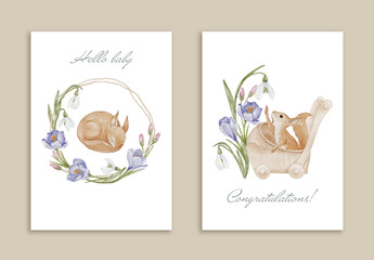 Baby card with squirrel and baby squirrel inside floral wreaths. Woodland animals in pastel watercolor tones. Ideal for nursery art, baby greeting or newborn announcement.
