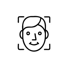 Line art face with smiling expression inside a square frame on head outline
