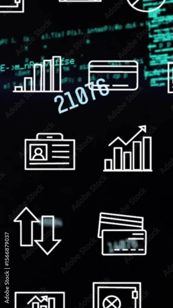 Poster animation of financial data processing and rows of business icons over dark background