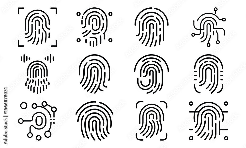Poster set of black line fingerprint icons demonstrating security authentication and digital identification
