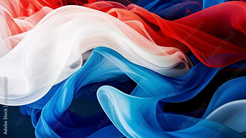 Poster abstract flowing shapes in red, white and blue with light and shadow, creating a dynamic and vibrant