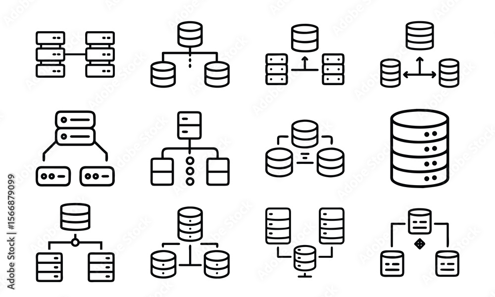 Poster collection of black and white line art icons depicting database server and network connection diagra