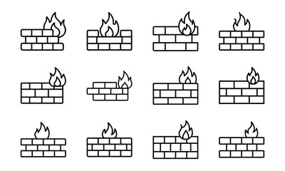 Obraz premium Illustrated set of burning brick walls representing fire and security conceptualization