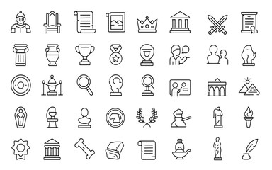 Fototapeta premium Historical Museum Icon Set Vector | Adjustable Line Weight | Knight Helmet, Crown, Scroll, Painting, Trophy, Swords, Column, Artifact, Medal, Architecture, Document, Heritage