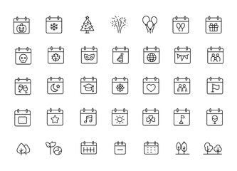 Holiday & Celebration Events Calendar Icon Set | Adjustable Line Weight | Festival, Party, Traditional, Cultural, Seasonal, Romantic, Graduation, Nature, Social, Commemorative, Festive
