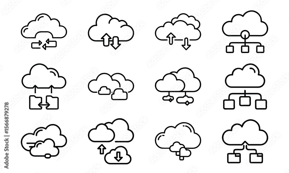 Poster a collection of vector cloud computing and data storage icons in minimalist black outline style