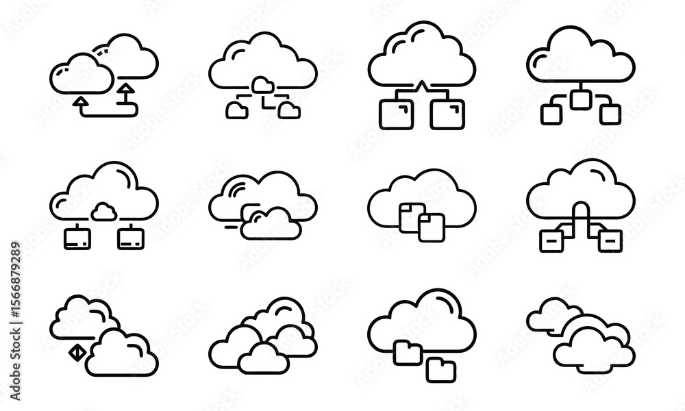 Poster collection of cloud computing icon illustrations depicting data storage and transfer concepts in mod