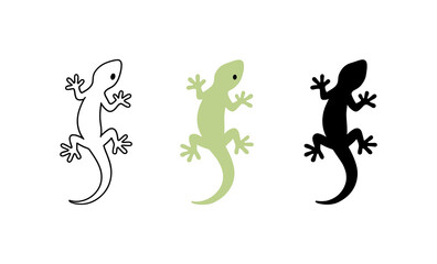 Minimalist gecko silhouettes - green, black, and outline designs on white background