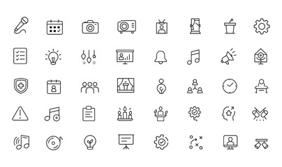 Vector Event Planning Icon Set | Adjustable Line Icons | Microphone, Camera, Calendar, Speaker, Projector, Podium, Badge, Gear, Spotlight, Checklist, Decor, Presentation, idea