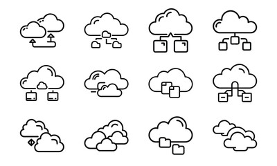 Collection of cloud computing icon illustrations depicting data storage and transfer concepts in modern technology