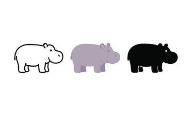 Hippo trio: cute cartoon hippopotamus variations in black, white, and purple