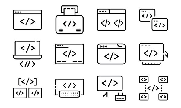 Set of vector icons illustrating computer coding symbols for programming and web development concepts