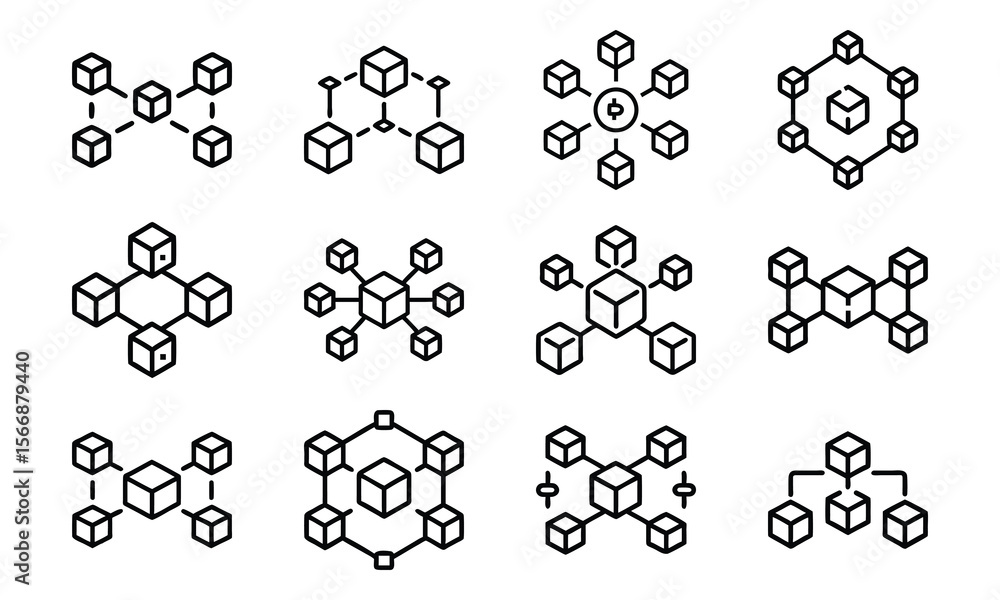 Poster collection of stylized minimalist diagrams representing interconnected data flow and network structu