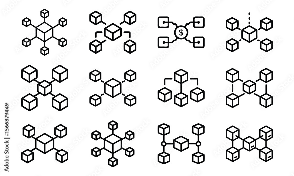 Poster collection of outline icon graphics illustrating data connections and network systems in a minimalis