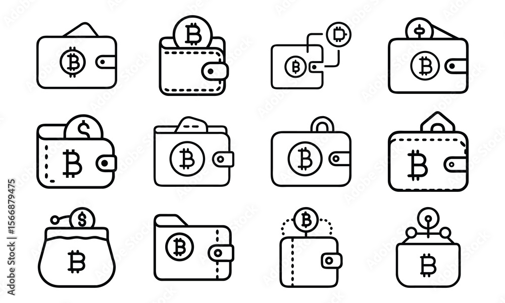 Poster set of cryptocurrency wallets icon with bitcoin symbols and modern outline style