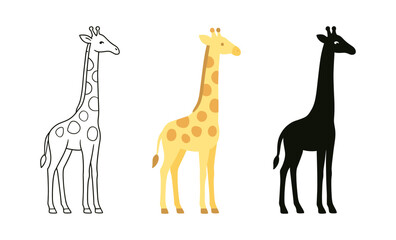 Naklejka premium Minimalist giraffe illustrations: outline, colorful, and silhouette variations