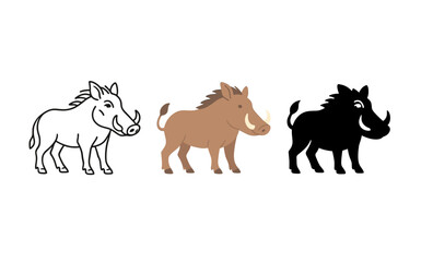 Cartoon warthog in three styles: outline, color, and silhouette for kids and nature education