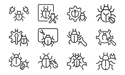Vector icons of bugs with tools representing concepts of software debugging and system maintenance