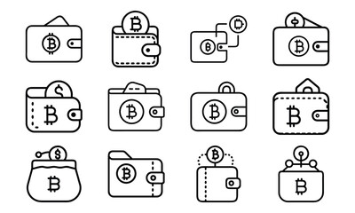 Set of cryptocurrency wallets icon with bitcoin symbols and modern outline style