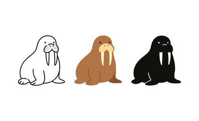 Colorful walrus trio illustrations: minimalistic, modern design in black, white, and brown tones