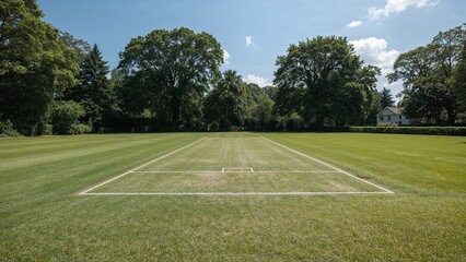 Perfect Day for Cricket A View of a Well Maintained Pitch Under Clear Blue Skies