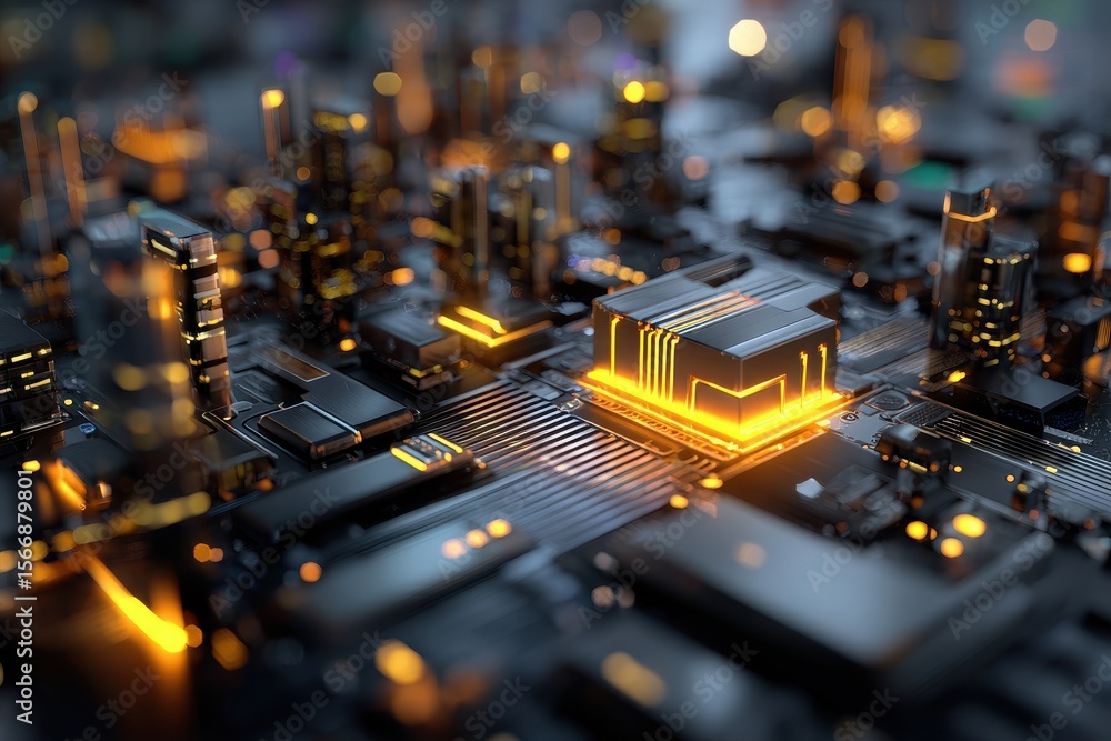 Poster modern technology circuit board with glowing components showcasing intricate design and advanced ele