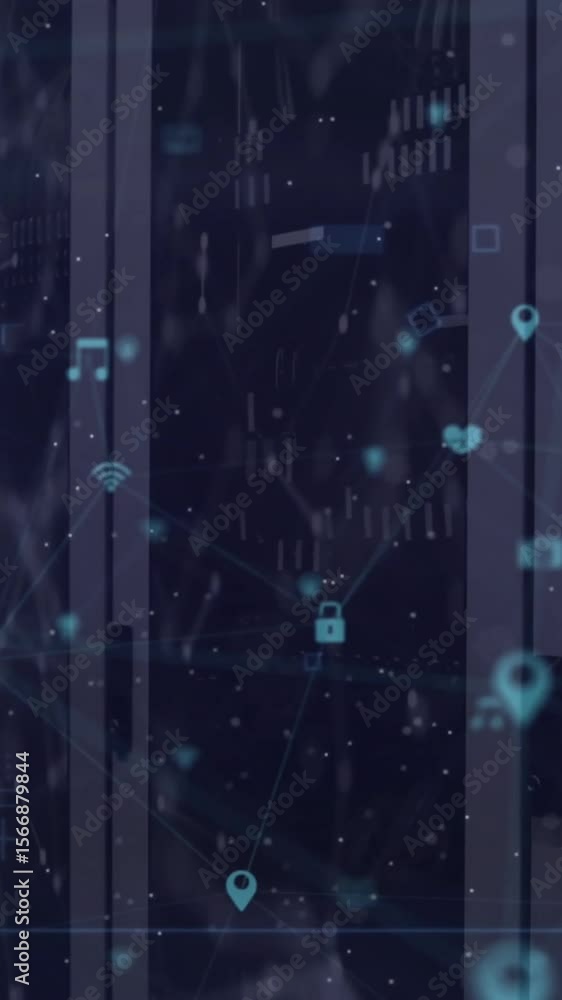 Poster animation of network of connections with icons over computer servers