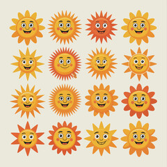 Collection of sixteen cheerful cartoon sun characters with happy faces and radiating rays