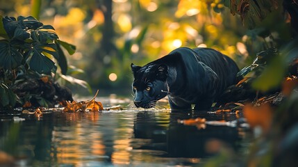 Black Panther Drinking From Tranquil Forest Stream