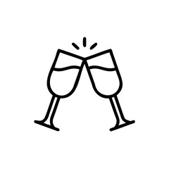 Two outline champagne glasses clinking with liquid on celebration toast wine drink