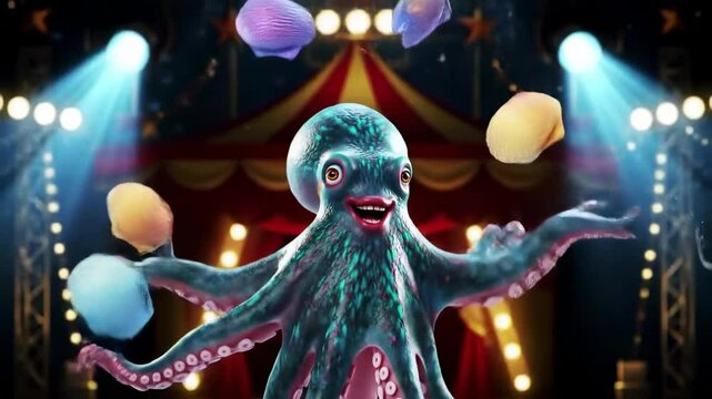 Animated octopus juggling colorful objects on a circus stage