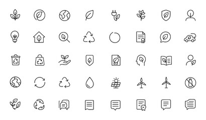 Eco icon set with adjustable line weight. Vector illustration of green energy, recycling, organic, bio, nature, environment, safe house, plant, leaf, ecology, symbol, graphic, design, concept