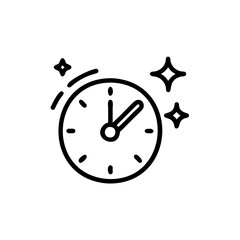 Outlined clock with hour minute hands surrounded by starbursts on a time