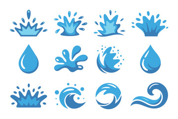 Blue water splash and wave icon set, aquatic drop elements, ocean theme vector, summer design, clean and modern illustration