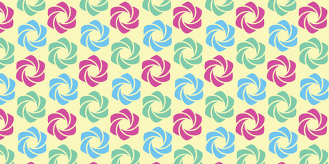 Simple seamless pattern with pink, green, and blue floral motifs on a yellow background