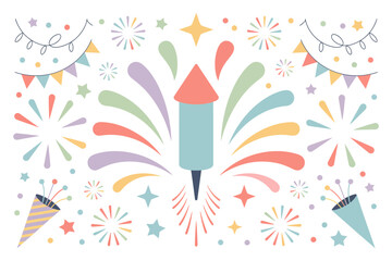 Colorful firework and party hat background, festive celebration, holiday event design, party invitation, confetti illustration