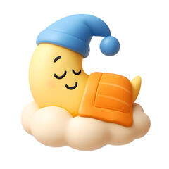 Cute 3D Moon Character Sleeping Peacefully on Cloud Transparent Background