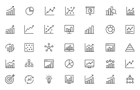 Vector Icon Set for Data Analytics with Adjustable Line Weight | Dashboard, Chart, Graph, Report, Statistics, Trend, Growth, Pie & Bar Graph, Scatter Plot, Infographic, Business Insights
