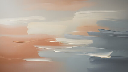 4K soft painterly abstract wallpaper, blurred brushstrokes in muted gradient tones (terracotta, grey-blue, ivory), minimal and artistic, textured yet clean, creative calm mood for workspace