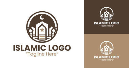 Minimalist Brown Islamic Logo with Symmetrical Mosque Line Art for Business Identity
