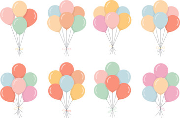 Colorful helium balloons set, pastel party decoration, floating celebration elements, festive birthday design, cheerful illustration