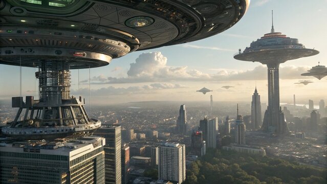 Futuristic cityscape reveals towering structures and flying saucers against a bright skyline offering a glimpse of tomorrow.