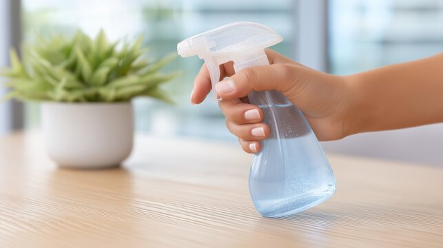 	A female hand holding a clear spray bottle filled with blue liquid, preparing to clean a wooden table in a bright interior. The image emphasizes domestic care, cleanliness, and modern home lifestyle