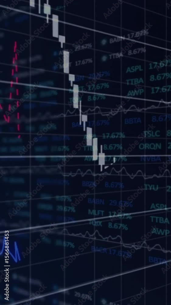 Poster animation of financial data processing over grid on dark background