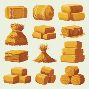 Collection of various hay bales and sheaves in different shapes and sizes