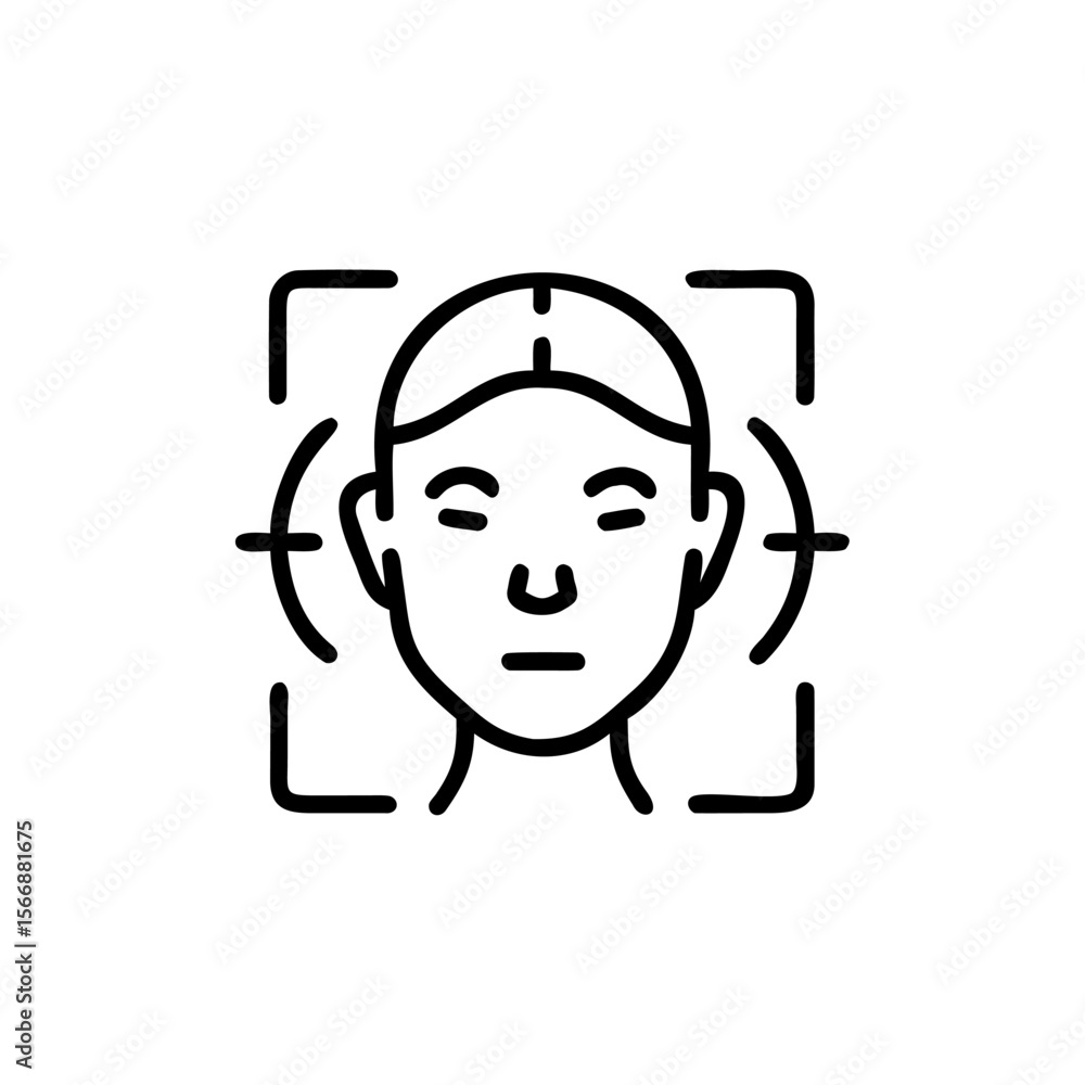 Poster line art a face inside a target frame representing facial recognition technology