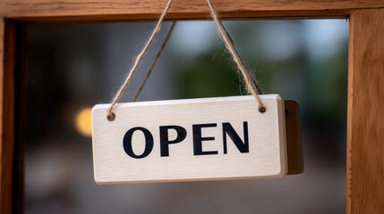 Wooden open sign hanging on a door, inviting customers, business opening hours concept