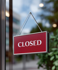 Fototapeta premium Red closed sign hanging in front of shop window, temporary business closure, store front sign, notification